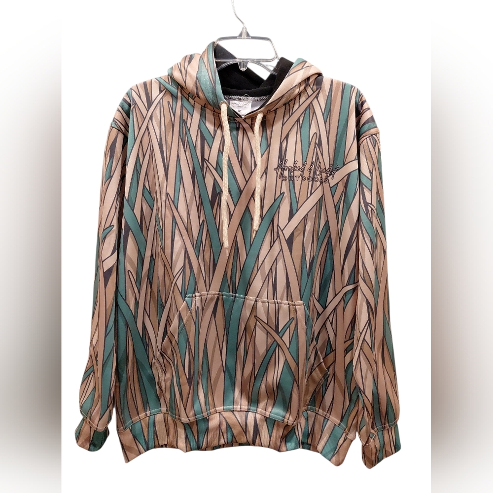 "Hookes & Loaded" Unisex Sz.M Patterned Hoodie with Green and Tan Camoflage....